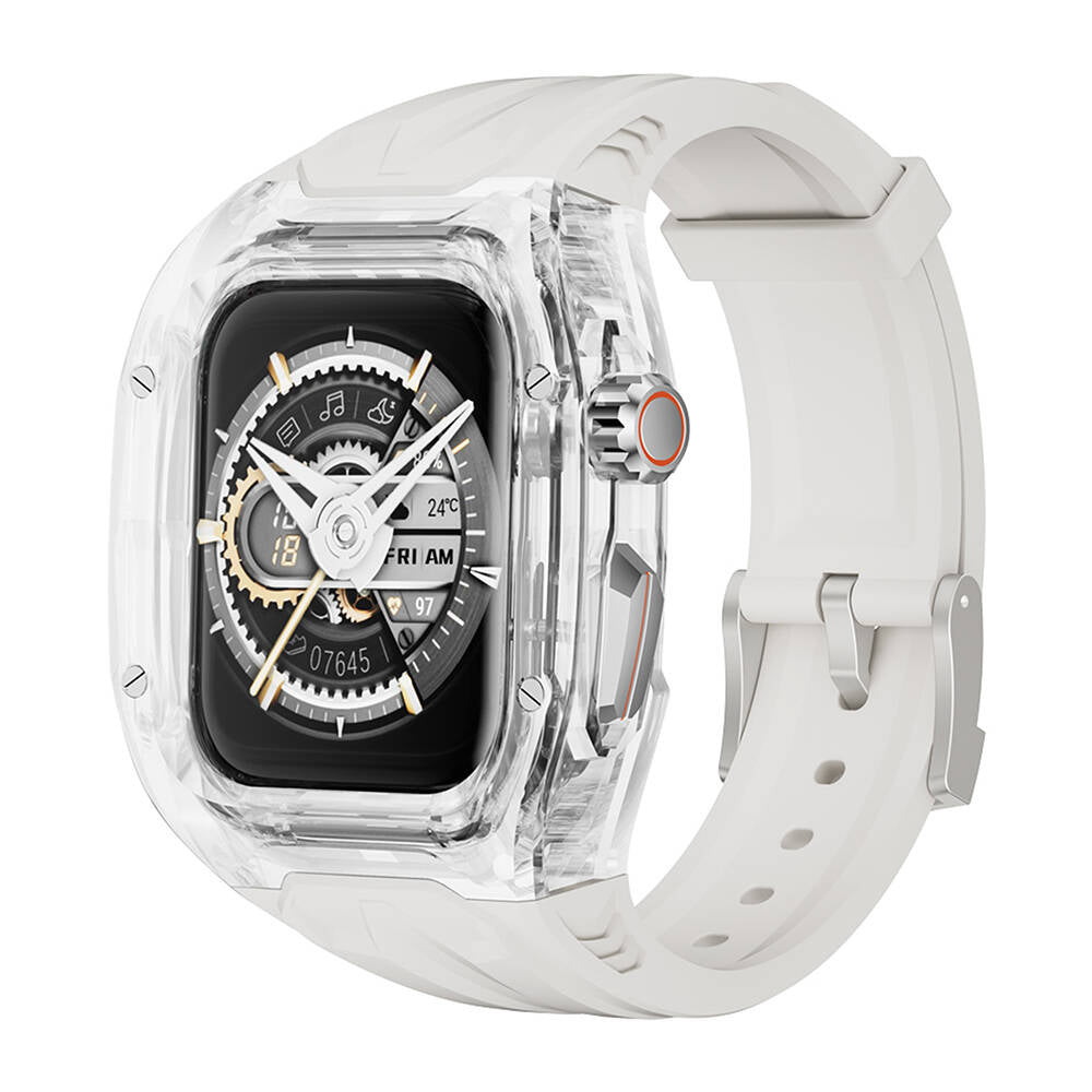 Wiwu Wi-WB013 Rambo Serisi Apple Watch 42/44/45mm Uyumlu 2in1 Şeffaf PC Kasa Koruyuculu Kauçuk Kordon Wiwu Wi-WB013 Rambo Serisi Apple Watch 42/44/45mm Uyumlu 2in1 Şeffaf PC Kasa Koruyuculu Kauçuk Kordon